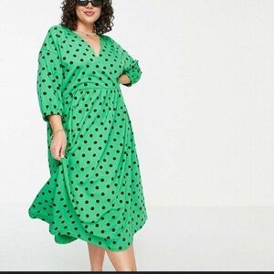 ASOS Curve 100% Cotton Green Black Polka Dot V-Neck Stretchy Midi Dress NWT 12